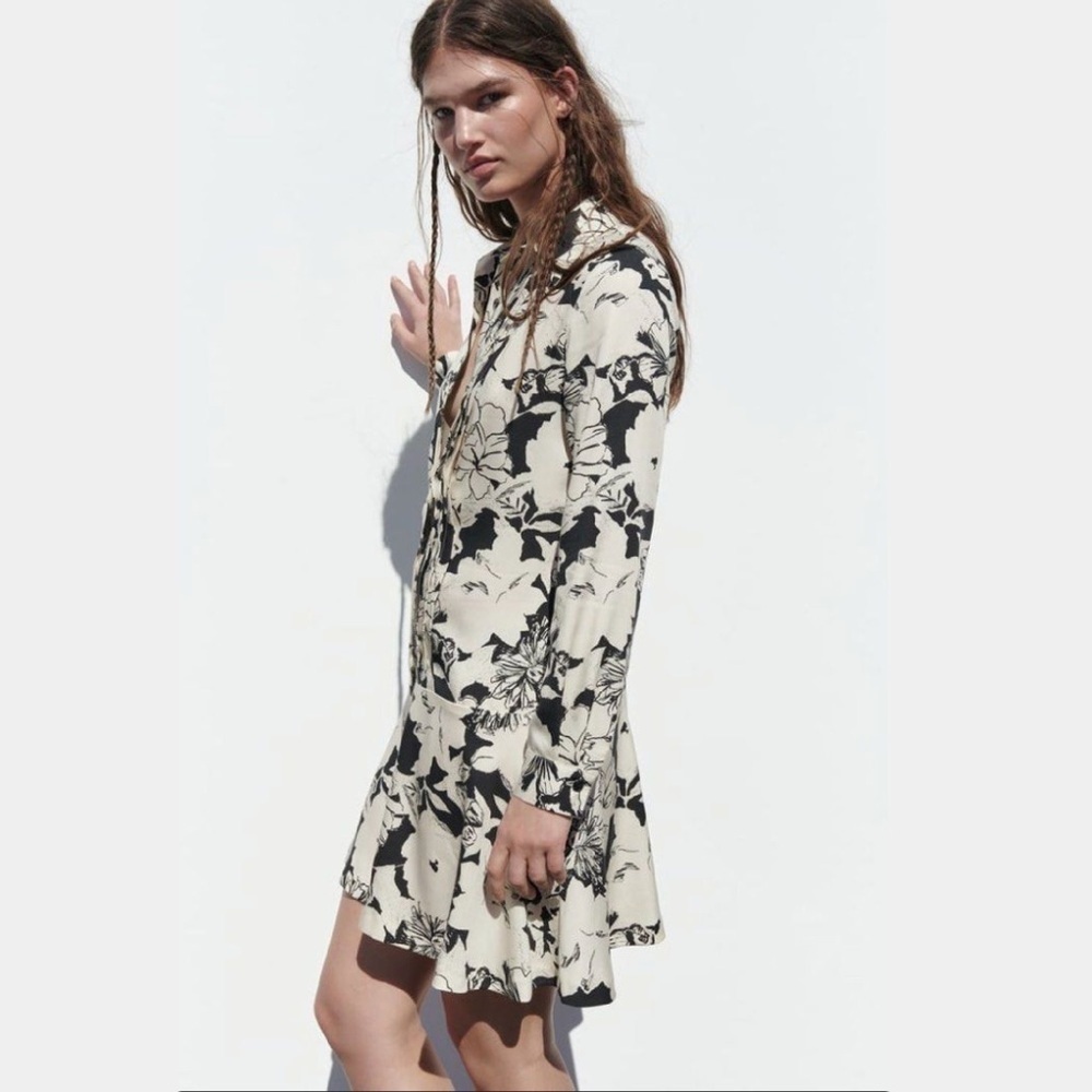 Zara Black and Cream Floral Mini Dress
